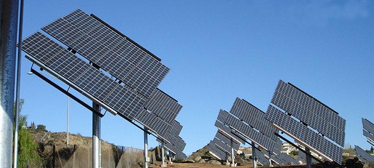 Technician inspecting a working commercial solar installation